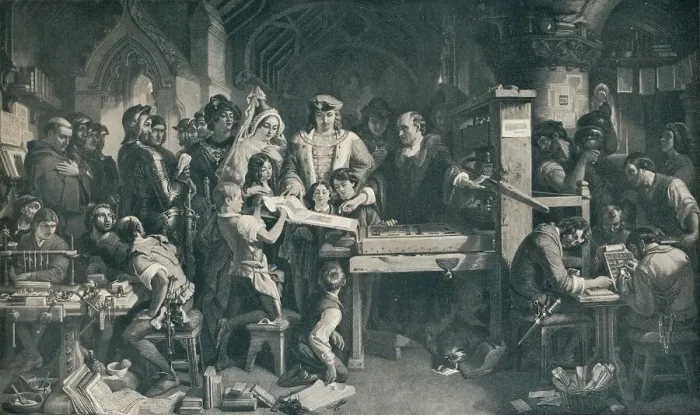 Framed Print : Caxton Showing the First Specimen of his Printing to King Edward IV, c1858, (1911). Artist: Daniel Maclise Framed Print : Caxton Showing the First Specimen of his Printing to King Edward IV, c1858, (1911). Artist: Daniel Maclise