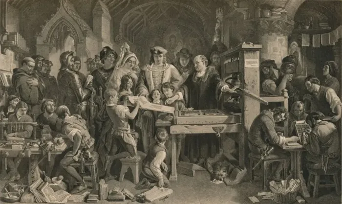 Framed Print : Caxton showing the first specimen of his printing to King Edward IV at Westminster, c1477 (1905) Framed Print : Caxton showing the first specimen of his printing to King Edward IV at Westminster, c1477 (1905)