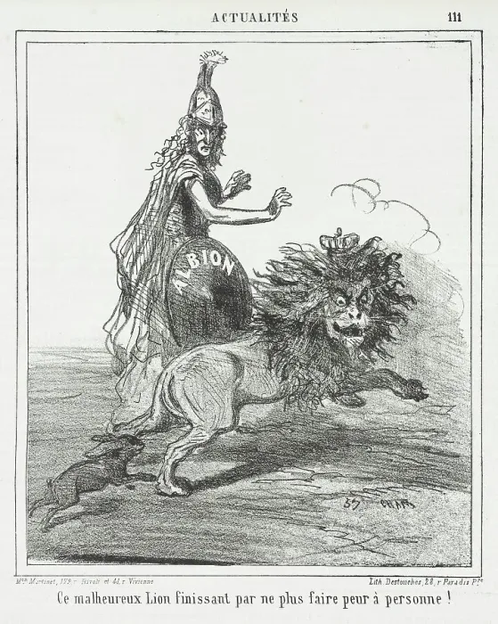 Framed Print : Ce malheureux lion finissant par ne plus faire peur à personne!, 1864. Creator: Cham Framed Print : Ce malheureux lion finissant par ne plus faire peur à personne!, 1864. Creator: Cham