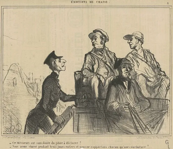 Framed Print : Ce messieurs ont... du gibier a déclarer?... 19th century. Creator: Honore Daumier Framed Print : Ce messieurs ont... du gibier a déclarer?... 19th century. Creator: Honore Daumier