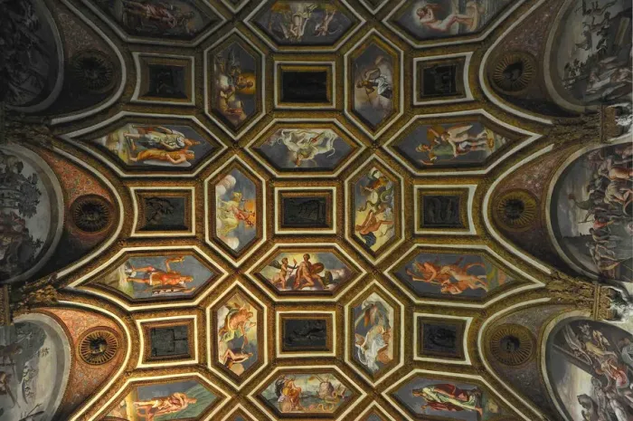 Framed Print : Ceiling decoration of the Camera dei Venti (Chamber of the Winds), 1526-1534. Artist: Romano, Giulio (1499-1546) Framed Print : Ceiling decoration of the Camera dei Venti (Chamber of the Winds), 1526-1534. Artist: Romano, Giulio (1499-1546)