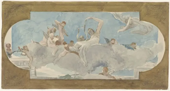Framed Print : Ceiling painting with figures seated on clouds, 1872-1904. Creator: Wilhelm Cornelis Bauer Framed Print : Ceiling painting with figures seated on clouds, 1872-1904. Creator: Wilhelm Cornelis Bauer