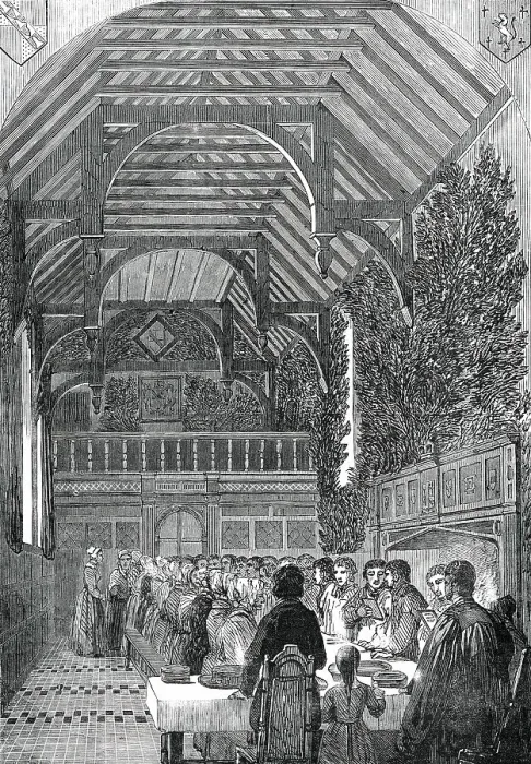 Framed Print : Celebration of Palm Sunday in the Hall of Sackville College, East Grinstead, 1850. Creator: Unknown Framed Print : Celebration of Palm Sunday in the Hall of Sackville College, East Grinstead, 1850. Creator: Unknown