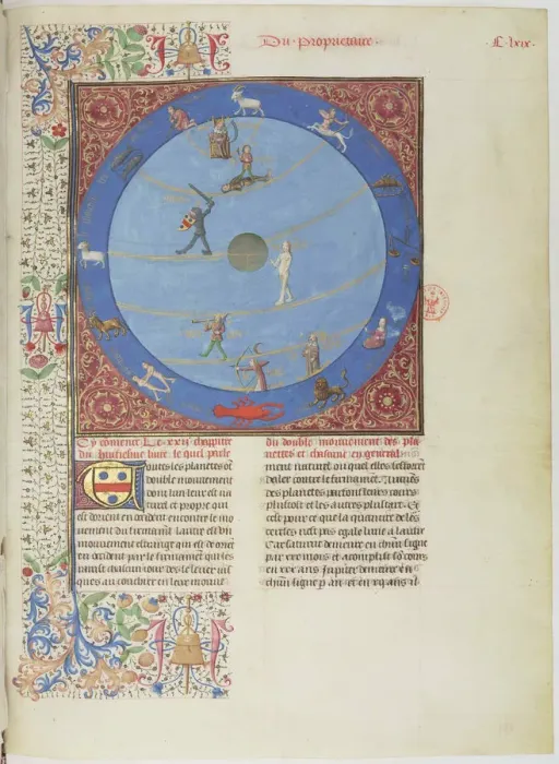 Framed Print : Celestial spheres, planets and zodiacs. Miniature from the Livre des proprietes des choses, c
