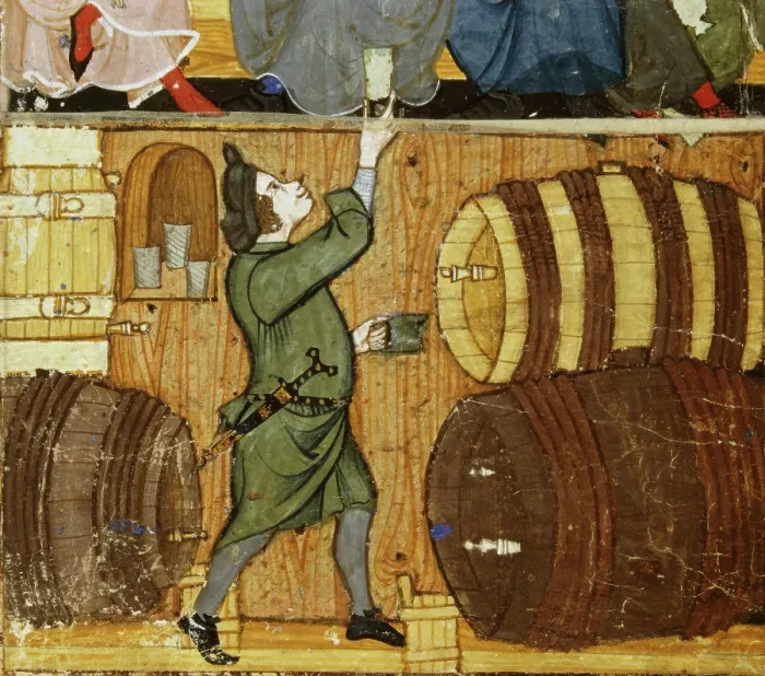 Framed Print : Cellarer and barrels, late 14th century. Creator: The Monk of Hyeres Framed Print : Cellarer and barrels, late 14th century. Creator: The Monk of Hyeres