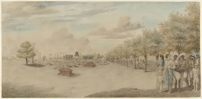 Framed Print : Cemetery with funeral procession in India, 1773-1775. Creator: Carel Frederik Reimer Framed Print : Cemetery with funeral procession in India, 1773-1775. Creator: Carel Frederik Reimer