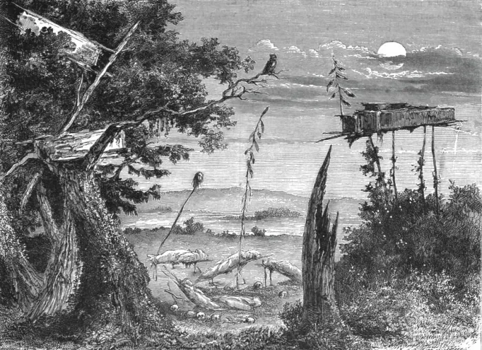Framed Print : Cemetery of the Sioux Indians; Ocean to Ocean, the Pacific railroad, 1875. Creator: Frederick Whymper Framed Print : Cemetery of the Sioux Indians; Ocean to Ocean, the Pacific railroad, 1875. Creator: Frederick Whymper