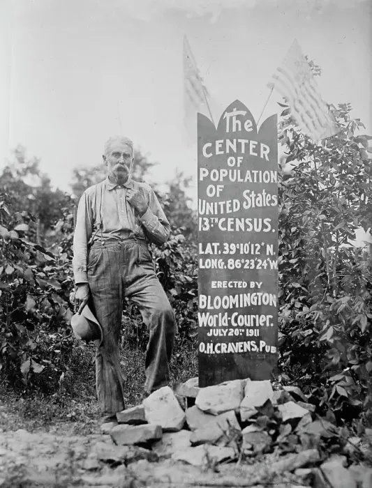 Framed Print : The Center of Population of U.S. [man standing next to memorial stone], between c1910 and c1915. Creator: Bain News Service