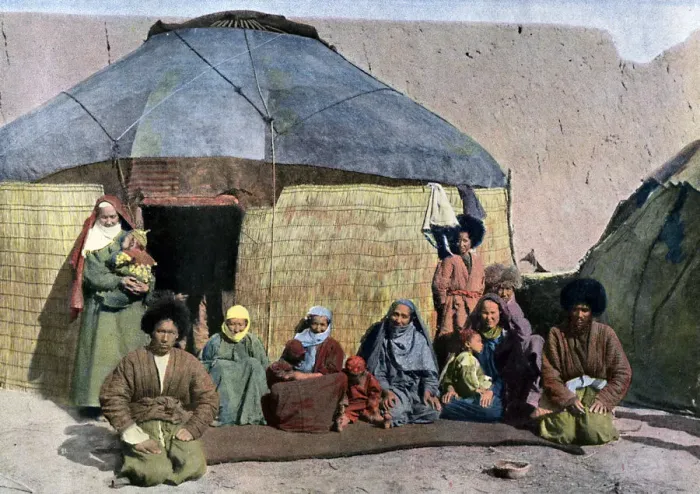 Framed Print : Central Asian family outside their house, c1890 Framed Print : Central Asian family outside their house, c1890
