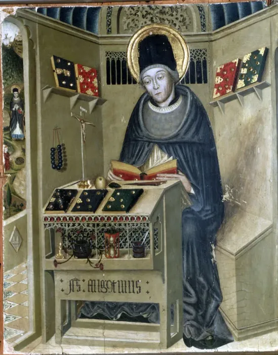 Framed Print : Central panel of an altarpiece dedicated to St. Augustine (354-430), Gothic Painting Framed Print : Central panel of an altarpiece dedicated to St. Augustine (354-430), Gothic Painting