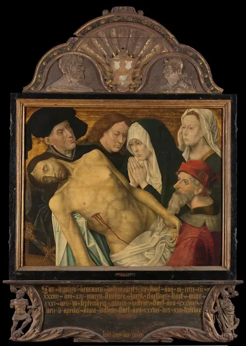 Framed Print : Central panel of a Memorial Triptych, formerly called the Gertz Memorial Triptych, with the Lamentat Creator: Hugo van der Goes (copy after) Framed Print : Central panel of a Memorial Triptych, formerly called the Gertz Memorial Triptych, with the Lamentat Creator: Hugo van der Goes (copy after)