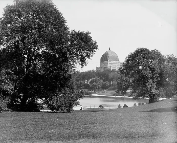 Framed Print : Central Park, New York, boat pond and Temple Beth-El, ca 1900. Creator: Unknown Framed Print : Central Park, New York, boat pond and Temple Beth-El, ca 1900. Creator: Unknown