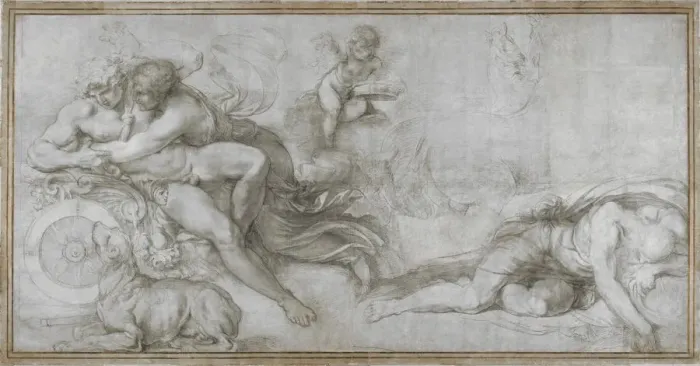 Framed Print : Cephalus carried off by Aurora in her Chariot (Cartoon for a fresco in the Gallery of the Palazzo Farnese, Rome), c. 1599. Artist: Carracci, Agostino (1557-1602) Framed Print : Cephalus carried off by Aurora in her Chariot (Cartoon for a fresco in the Gallery of the Palazzo Farnese, Rome), c. 1599. Artist: Carracci, Agostino (1557-1602)