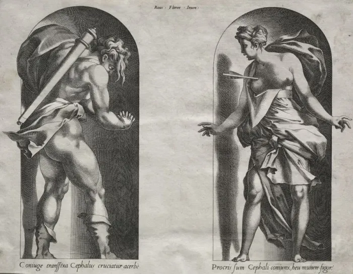 Framed Print : Cephalus and Procris in two Niches, 1538-1540. Creator: Rene Boyvin (French, c Framed Print : Cephalus and Procris in two Niches, 1538-1540. Creator: Rene Boyvin (French, c