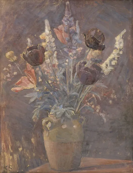 Framed Print : Ceramic vase with tulips, 1885-1938. Creator: Karl Schou Framed Print : Ceramic vase with tulips, 1885-1938. Creator: Karl Schou