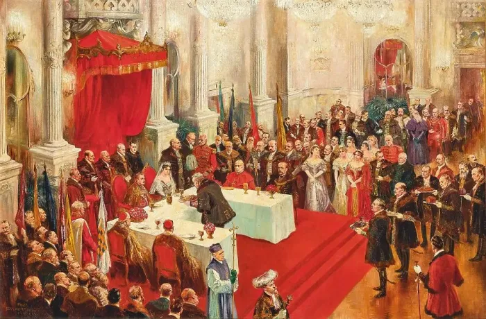 Framed Print : Ceremonial coronation banquet in the Budapest Hofburg with the newly crowned royal...1916, 1917. Creator: Schwormstädt, Felix (1870-1938) Framed Print : Ceremonial coronation banquet in the Budapest Hofburg with the newly crowned royal...1916, 1917. Creator: Schwormstädt, Felix (1870-1938)