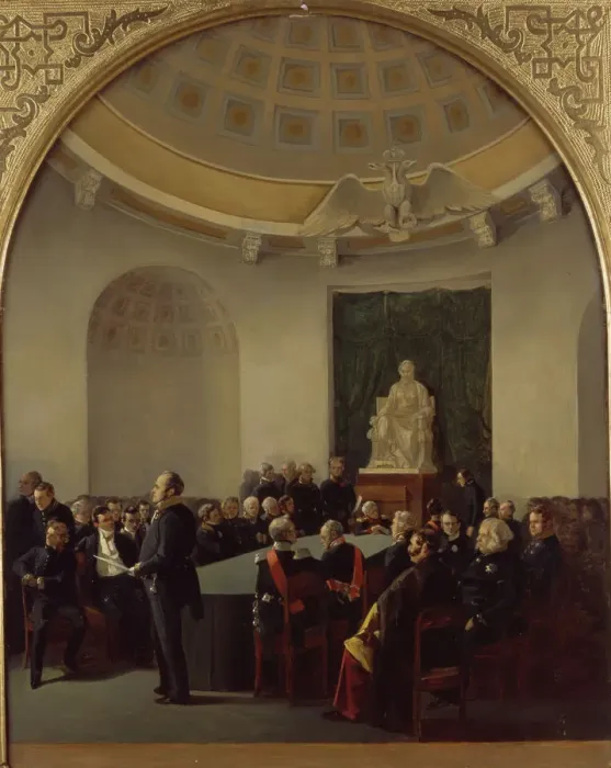 Framed Print : The ceremonial meeting of the Academy of Arts in 1839, 1840. Artist: Ladurner, Adolphe (1798-1856) Framed Print : The ceremonial meeting of the Academy of Arts in 1839, 1840. Artist: Ladurner, Adolphe (1798-1856)