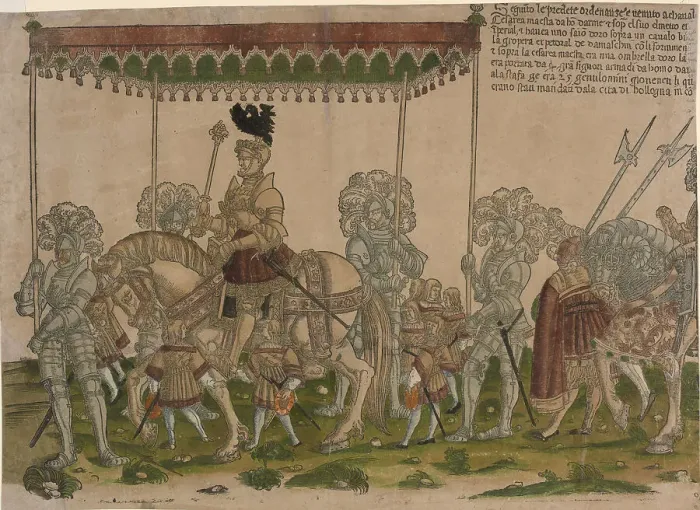 Framed Print : Ceremonial Procession in Bologna on 5 November 1529, on the Occasion of Charles Vs Coronation by Po Framed Print : Ceremonial Procession in Bologna on 5 November 1529, on the Occasion of Charles Vs Coronation by Po