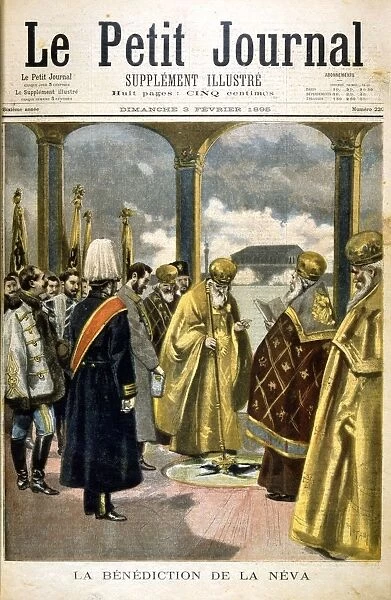 Ceremony of blessing the river Neva, St Petersburg, by Russian Orthodox priests, 1895