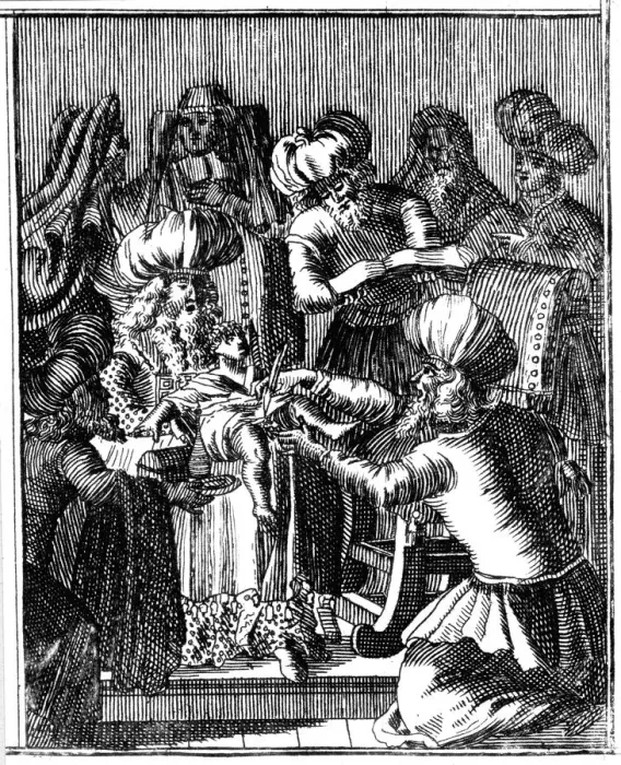 Framed Print : Ceremony of Circumcision, Basel, 1739 (first edition 1663). Artist: Jan Leusden Framed Print : Ceremony of Circumcision, Basel, 1739 (first edition 1663). Artist: Jan Leusden