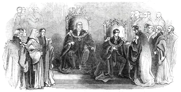 Framed Print : Ceremony of inducting the new Lord Mayor into his office, 1844. Creator: Unknown Framed Print : Ceremony of inducting the new Lord Mayor into his office, 1844. Creator: Unknown