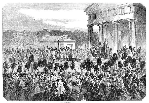 Ceremony of Placing the Guards Crimean Colours in the Chapel of the Wellington Barracks, 1857. Creator: Unknown