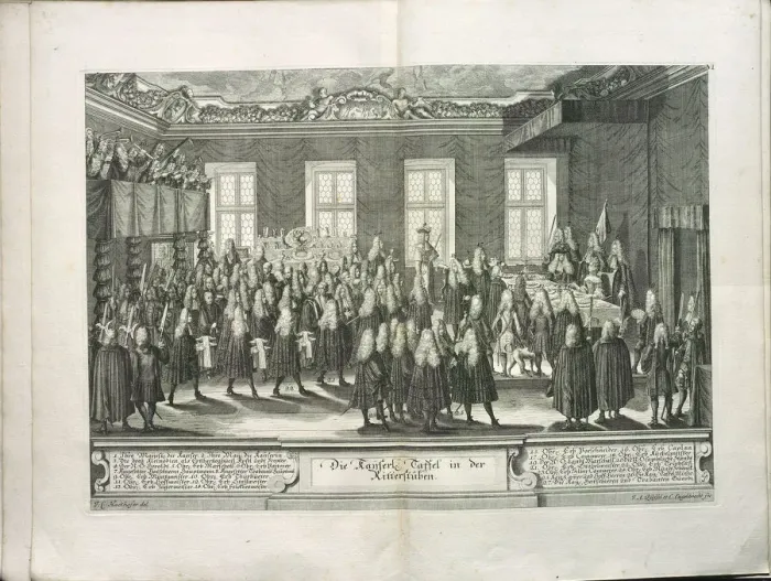 Framed Print : The Ceremony of Reverence to Joseph I at the Knights Hall of the Hofburg Palace, 1705. Artist: Steinl, Matthias (c. 1644-1727) Framed Print : The Ceremony of Reverence to Joseph I at the Knights Hall of the Hofburg Palace, 1705. Artist: Steinl, Matthias (c. 1644-1727)