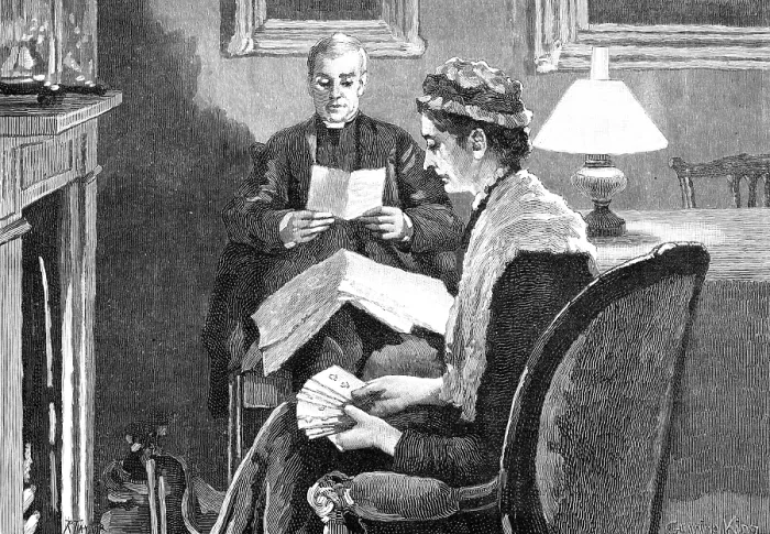 Framed Print : On a certain evening the Canon was sitting with his sister, as usual... 1883. Creator: R. Taylor Framed Print : On a certain evening the Canon was sitting with his sister, as usual... 1883. Creator: R. Taylor