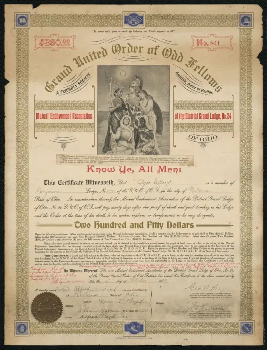Framed Print : Certificate of endowment for the Grand United Order of Odd Fellows, October 15, 1908 Framed Print : Certificate of endowment for the Grand United Order of Odd Fellows, October 15, 1908
