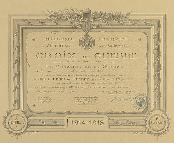 Certificate for French Croix de Guerre medal issued to Cpl. Lawrence L