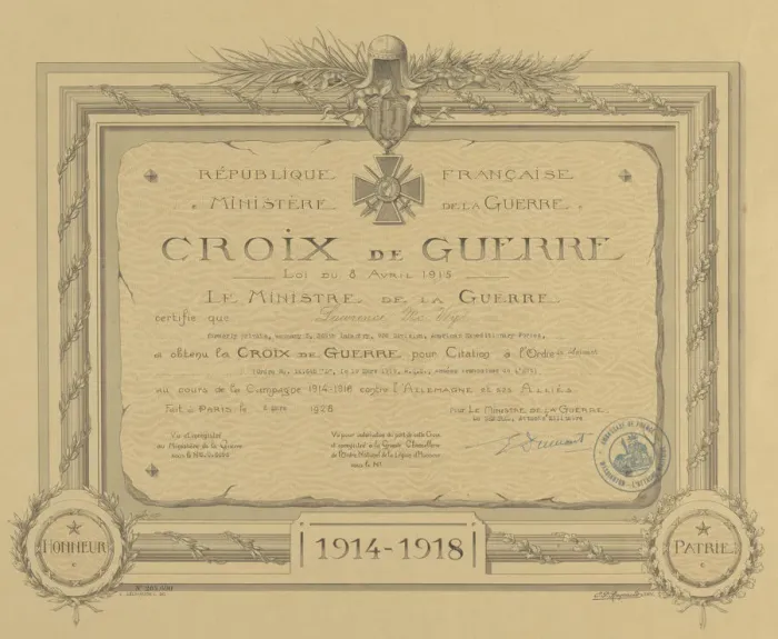Framed Print : Certificate for French Croix de Guerre medal issued to Cpl. Lawrence L Framed Print : Certificate for French Croix de Guerre medal issued to Cpl. Lawrence L