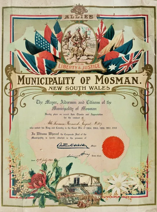 Framed Print : Certificate presented to Bernard Laurence Barney Nugent from the Municipality of Mosman