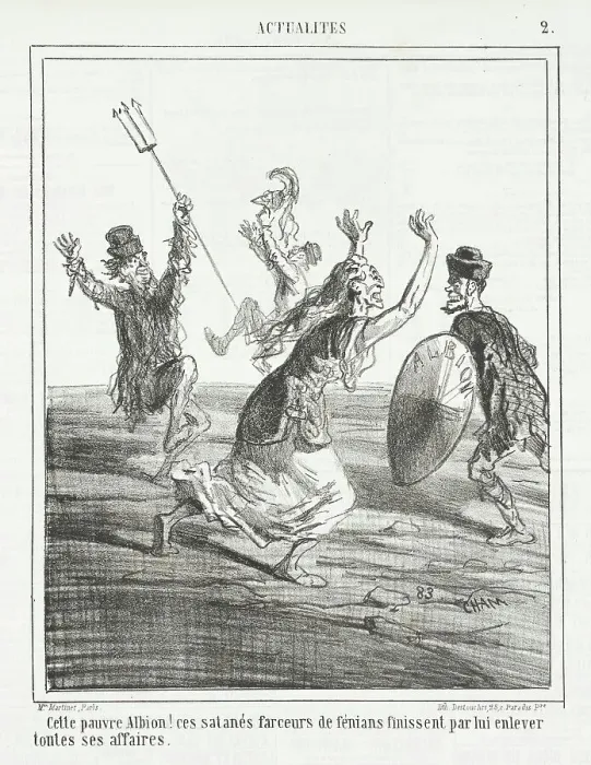 Framed Print : Cette pauvre Albion! Ces satanés farceurs de fénians finissent par lui enlever toutes... 1866. Creator: Cham Framed Print : Cette pauvre Albion! Ces satanés farceurs de fénians finissent par lui enlever toutes... 1866. Creator: Cham