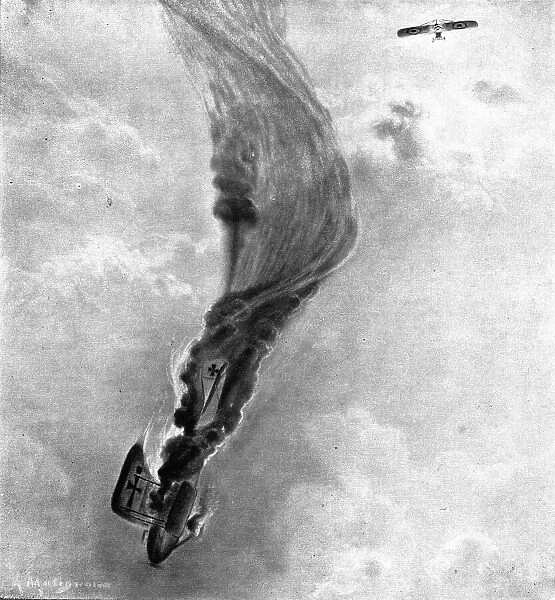 'Ceux de l'air et ceux de la route; Un Aviatik, abattu par Garros 1er avril 1915, desend... 1915. Creator: Matignon
