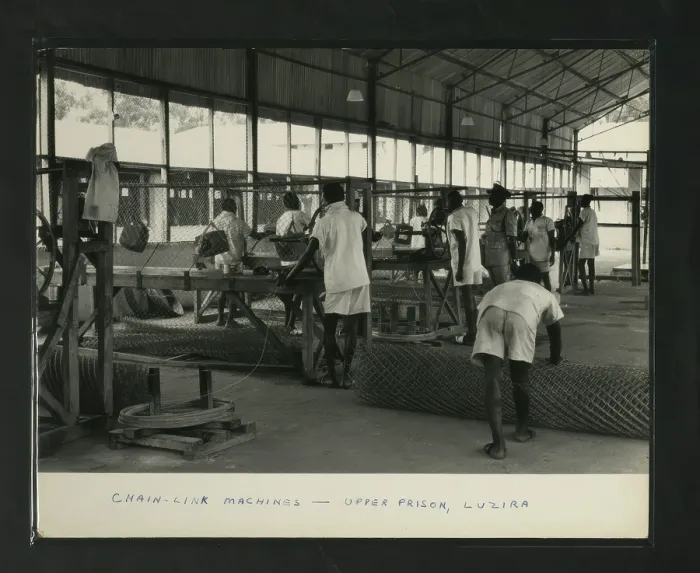 Framed Print : Chain-Link Machines - Upper Prison, Luzira, Kampala, Uganda, c1950s. Creator: Unknown Framed Print : Chain-Link Machines - Upper Prison, Luzira, Kampala, Uganda, c1950s. Creator: Unknown