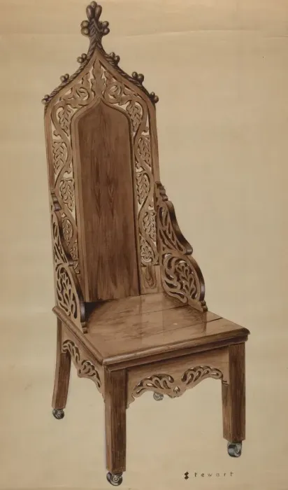 Framed Print : Chair with Carved Grape Leaf Decoration and Gothic Top, c. 1937. Creator: Robert Stewart Framed Print : Chair with Carved Grape Leaf Decoration and Gothic Top, c. 1937. Creator: Robert Stewart