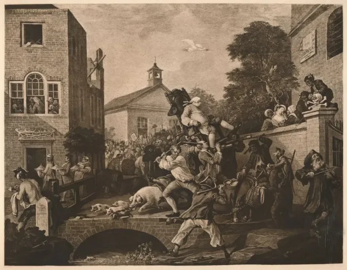 Framed Print : Chairing the Members, Plate IV from The Humours of an Election, 1757. Artist: William Hogarth