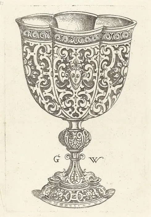 Framed Print : Chalice with six embossings, base decorated with two dolphins, published 1579. Creator: Georg Wechter I Framed Print : Chalice with six embossings, base decorated with two dolphins, published 1579. Creator: Georg Wechter I
