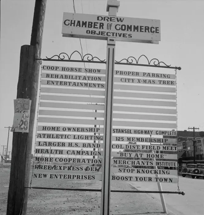 Framed Print : Chamber of Commerce sign, Drew, Mississippi, 1937. Creator: Dorothea Lange Framed Print : Chamber of Commerce sign, Drew, Mississippi, 1937. Creator: Dorothea Lange