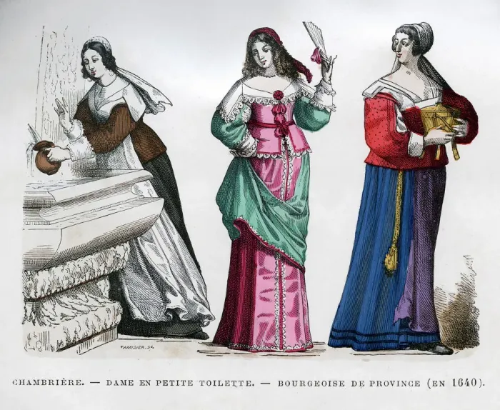Framed Print : Chambermaid, lady and provincial bourgeoise lady, 1640 (1882-1884). Artist: Tamisier Framed Print : Chambermaid, lady and provincial bourgeoise lady, 1640 (1882-1884). Artist: Tamisier