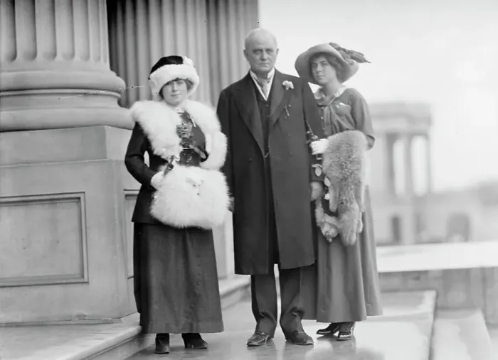 Framed Print : Champ Clark, Rep. from Missouri, with Helen Cox, Left, and Daughter Genvieve [sic], 1912. Creator: Harris & Ewing. Champ Clark, Rep. from Missouri, with Helen Cox, Left, and Daughter Genvieve [sic], 1912. Creator: Harris & Ewing