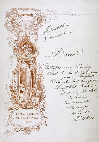 Champagne advertisement on a menu, 19th century