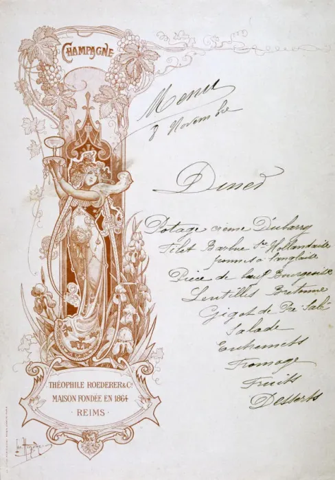 Framed Print : Champagne advertisement on a menu, 19th century Framed Print : Champagne advertisement on a menu, 19th century