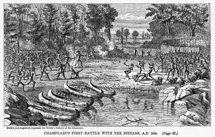 Framed Print : Champlains First Battle with the Indians, AD 1609, (1877) Framed Print : Champlains First Battle with the Indians, AD 1609, (1877)