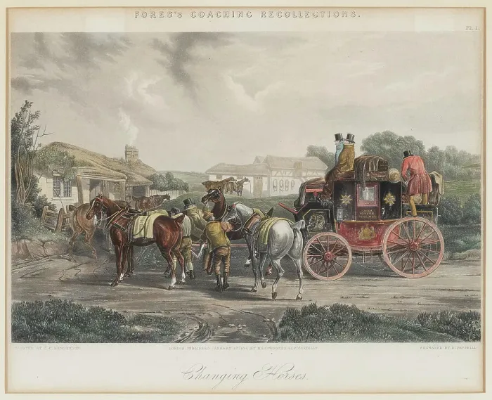 Framed Print : Changing Horses. Creator: Papprill, Henry A. (1816-1903) Framed Print : Changing Horses. Creator: Papprill, Henry A. (1816-1903)