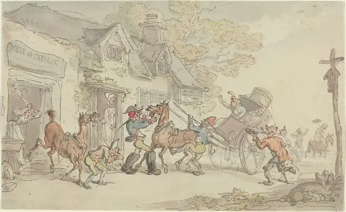 Framed Print : Changing Horses at a Post House in France, c. 1790. Creator: Thomas Rowlandson Framed Print : Changing Horses at a Post House in France, c. 1790. Creator: Thomas Rowlandson