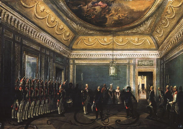 Changing of the Preobrazhensky Regiment Guards in the Gatchina Palace at the time of Paul I, 1845. Artist: Schwarz, Gustav (ca. 1800-after 1855)