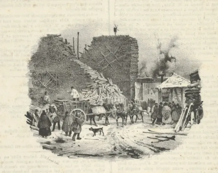 Framed Print : Chantier de Bois a Bruler, 19th century. Creators: Victor Adam, Benard Framed Print : Chantier de Bois a Bruler, 19th century. Creators: Victor Adam, Benard
