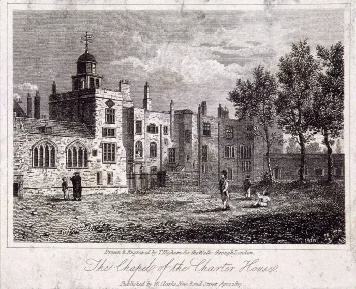 Framed Print : The chapel at Charterhouse with figures, Finsbury, London, 1817. Artist: Thomas Higham