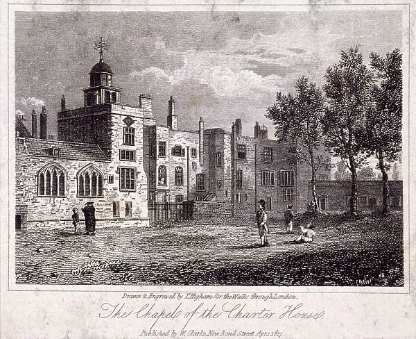 The chapel at Charterhouse with figures, Finsbury, London, 1817. Artist: Thomas Higham